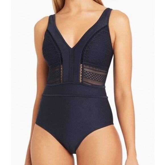 Sea Level Amazing Lace Spliced Plunge One Piece With Ladder Lace Size 12 - Picture 1 of 10